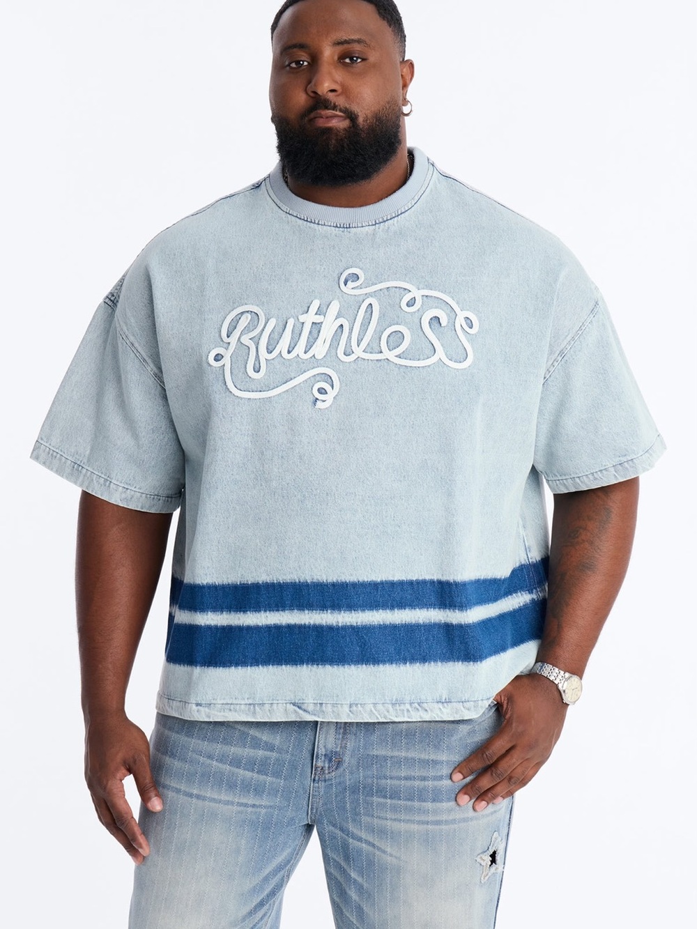 Fashion Nova Light Wash Denim Tee with Navy Stripes